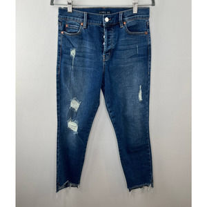 Level 99 Button Fly Distressed Raw Step Hem High Rise Jeans Medium Wash Blue 29